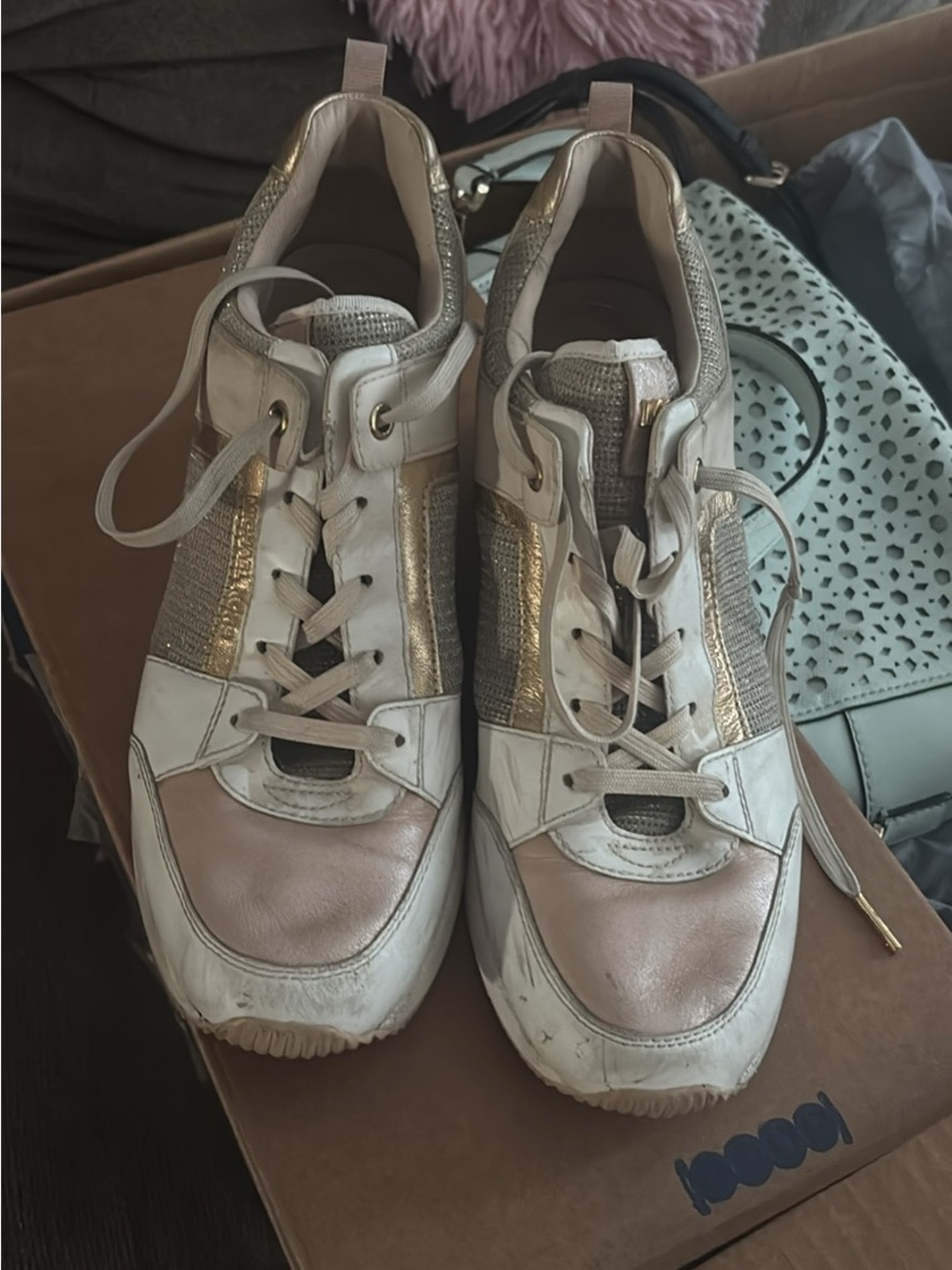 Michael Kors Cream and Gold Leather Lace-Up Sneakers